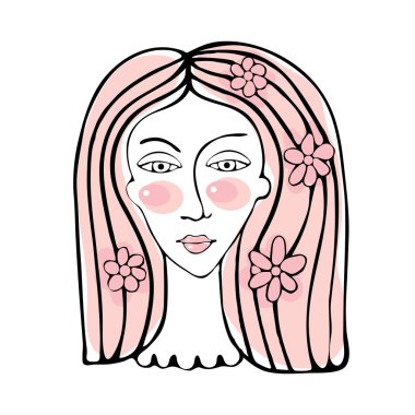 Kadın sürekli çizgi çiziyor. Beyaz arka planda doğrusal siyah portre. Minimalist genç kadın portresi çizimi. Contour Face poster sanat tasarımı. Sürekli çizgi çizimi.