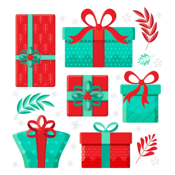 Vector set of different gift boxes in vector. Gift in flat style on white background. Happy new year decoration. Collection for Birthday, Christmas. Vector icon gift, present box with bow. — Stock vektor