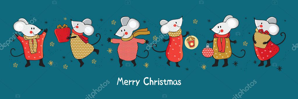Horizontal Christmas and new year banner with funny cartoon mice in gold, red, and silver. Funny and happy new year mice in vector. Hand drawn illustration. Chinese symbol 2020 new year. New year card