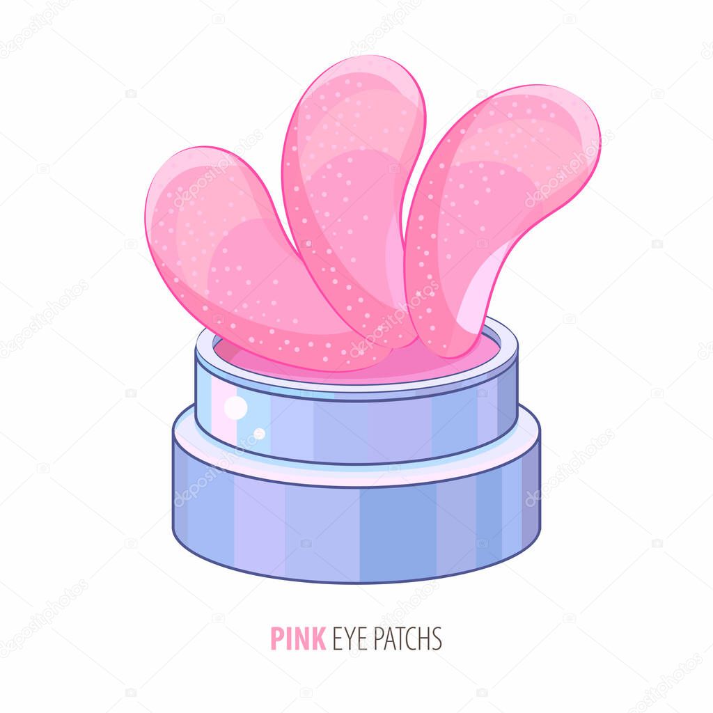 Cosmetic hydrogel pink eye patch jar. Cosmetic product for skin. Patches under the eyes. ollagen mask. Korean cosmetics. Facial skin care. Beauty product for eye care