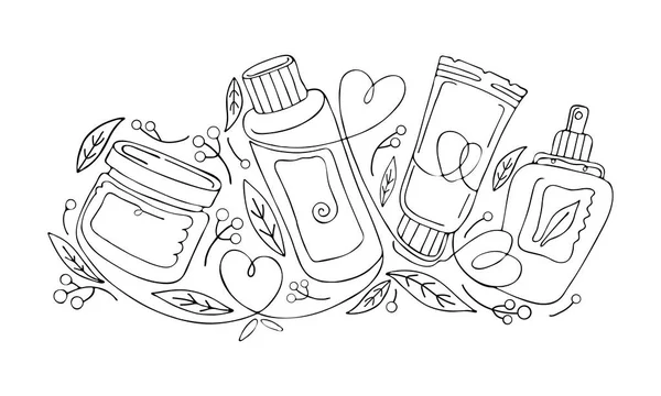 Cosméticos orgânicos naturais à base de plantas. Ilustração desenhada à mão: creme, tubo, spray, garrafa, ervas, folhas, bagas. Linha contínua em preto e branco, linha de arte. Conceito de eco-cosméticos vegetais — Vetor de Stock