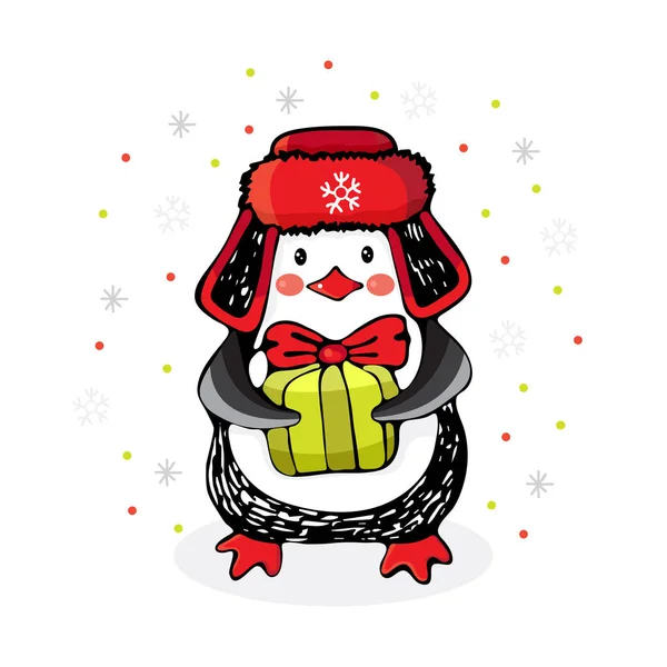 Niedlicher Cartoon-Pinguin mit rotem Winterhut, der ein Geschenk in der Hand hält. Handgezeichnete winterliche Illustration für die Gestaltung zum Thema Weihnachten und Neujahr. Lustiges Tier im Vektor. — Stockvektor