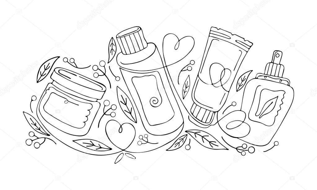 Natural herbal organic cosmetic. Hand drawn illustration: cream, tube, spray, bottle, herbs, leaves, berries. Black and white continuous line, art line. Concept of plant eco cosmetics