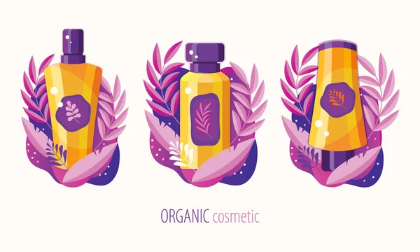 Set natural herbal organic cosmetic. Plant cosmetics. Professional face and body care. Ecological and natural beauty products. Spa cosmetics. Cream, gel, lotion, soap, shampoo, balm, serum in vector. — Stock Vector