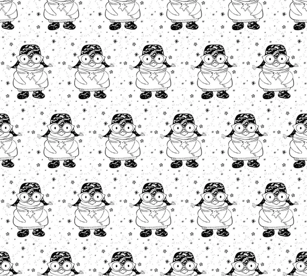 Seamless pattern cute cartoon penguin in winter clothes with a magic wand. Winter background on Christmas and New year theme. Drawn black and white art line in vector. — Stock Vector
