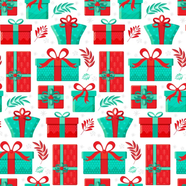 Бесшовный шаблон разные подарочные коробки в векторе. Подарок в плоском стиле. Коллекция на Рождество, день рождения и праздники. Рождество и Новый год. Настоящая коробка с луком. Мультфильм — стоковый вектор