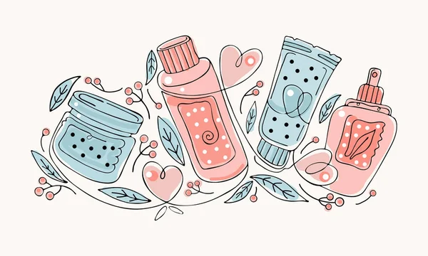 Natürliche pflanzliche Bio-Kosmetik. Handgezeichnete farbige Illustration: Sahne, Tube, Spray, Flasche, Kräuter, Blätter, Beeren. Schwarz-weiße durchgehende Linie, Kunstlinie. Konzept der pflanzlichen Öko-Kosmetik — Stockvektor