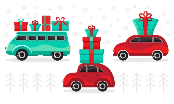 Kış arka planında hediyeler olan arabalar. Noel arabaları hediye kutuları taşıyan oyuncaklar. Düz tasarım vektör tatil tasarımı ögesi. Noel ve yeni yıl alışverişi.