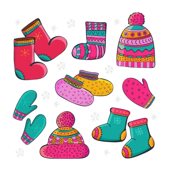 Set van cartoon vector winter accessoires. Handtekening van de winter, warme kleren. Sokken, een pet met pompon, wanten, valenki, schoenen. Mode grafiek. Kleding pictogrammen. Bundel seizoenskleding. — Stockvector