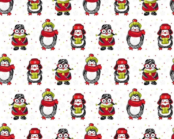 Natale e nuovo modello senza soluzione di continuità anno. Carino pinguini dei cartoni animati in abiti invernali su uno sfondo bianco tra i fiocchi di neve. Sfondo invernale con animali divertenti in vettore. Illustrazione invernale . — Vettoriale Stock