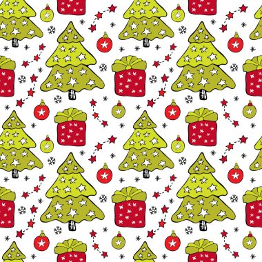 Vektörde kusursuz bir Noel deseni. Yılbaşı hediyeleri ve yıldızlarla süslenmiş Noel ağacı. Kırmızı ve yeşil renkli Noel eşyaları. Sanat çizgisi. Karalama. El çizimi