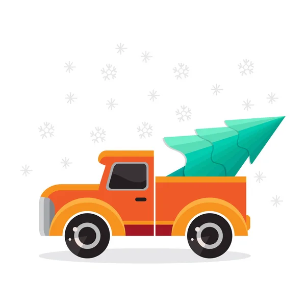 Camion de Noël avec un sapin de Noël sur fond blanc. Transport de vacances. Icône de camion en vecteur plat. Joyeux Noël carte illustration. affiche . — Image vectorielle