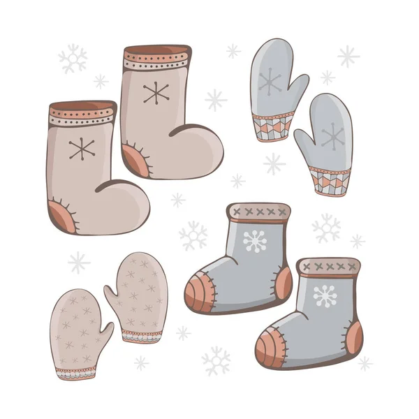 Set von Cartoon-Vektor Winter-Accessoires. Handzeichnung des Winters, warme Kleidung - Handschuhe, valenki, Schuhe. Modegrafik. Kleidersymbole gesetzt. Bündel saisonaler Kleidung. Bunte Vektorillustration. — Stockvektor