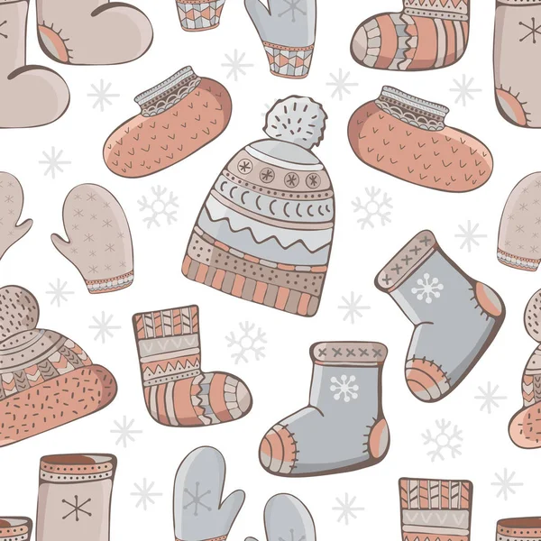 Inconsútil patrón de dibujos animados vector accesorios de invierno. Dibujo a mano de invierno, ropa de abrigo. Calcetines, gorra con pompón, manoplas, valenki, zapatos. Moda grafic.Seasonal ropa . — Vector de stock