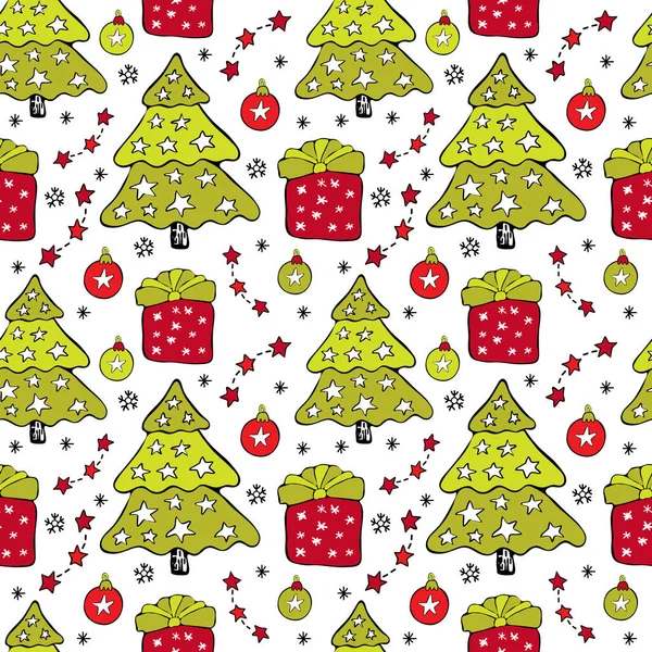 ベクトルのシームレスなクリスマスパターン。新年の背景ギフトや星で飾られたクリスマスツリー。赤と緑のお祝いの色のクリスマスアイテム。アートライン。バカめ！手描き — ストックベクタ
