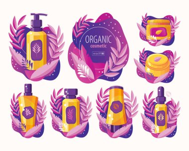 Doğal bitkisel kozmetik. Bitki kozmetikleri. Profesyonel yüz ve vücut bakımı. Ekolojik ve doğal güzellik ürünleri. Spa kozmetik. Krem, jöle, losyon, sabun, şampuan, merhem, vektörde serum.. 