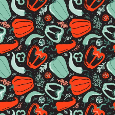 Elle çizilmiş renkli karalama sebzeleri organik biçimli, pürüzsüz desenli. Siyah arka planda kırmızı ve yeşil biber. Acı kırmızı biber. Salata ve vegan sağlıklı yiyecekler pişirmek için doğal malzemeler.
