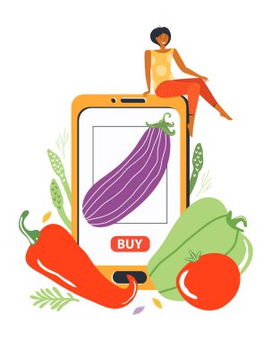 Marketin internet sitesinden taze sebze siparişi. Genç bir kadın akıllı telefonundaki mobil bir uygulamayla market alışverişi yapıyor. Sağlıklı beslenme kavramı. Vektör düz resimleme