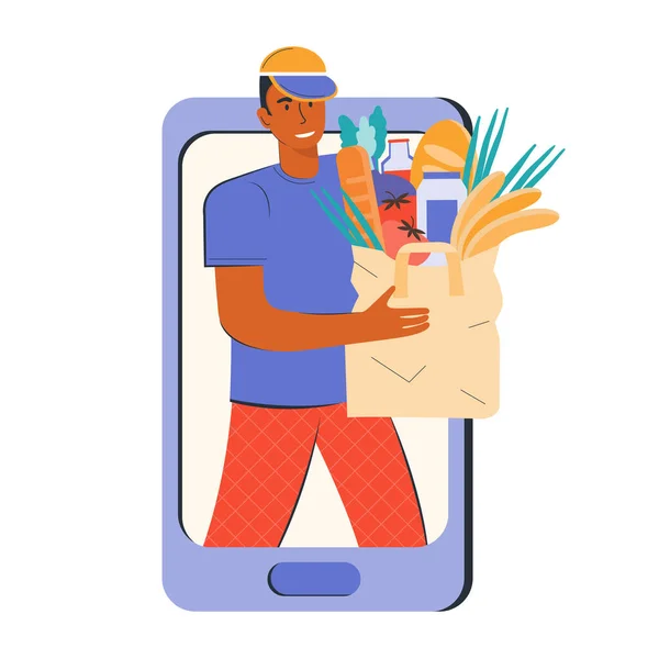 Domácí Dodávky Line Objednání Výrobků Potravin Koupit Přes Mobilní Aplikaci — Stockový vektor
