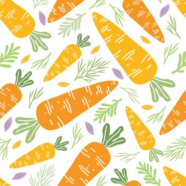 Beyaz arka planda turuncu havuç ve yeşilliklerin kusursuz deseni. Sağlıklı beslenmek için kullanışlı sebzelerin arka planı. El yapımı tarım ürünleri ve ekinler. Paket kağıdı veya restoran menüsü