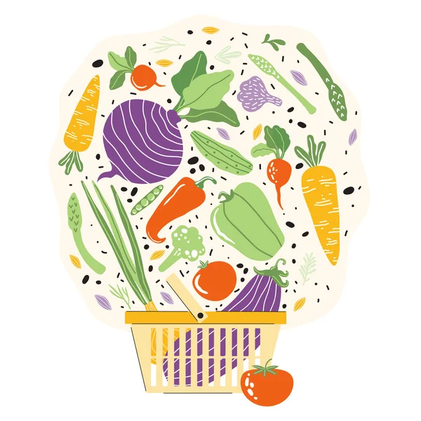 Varukorg Med Färska Grönsaker Friska Kostprodukter Köpa Naturlig Vegetabilisk Mat — Stock vektor