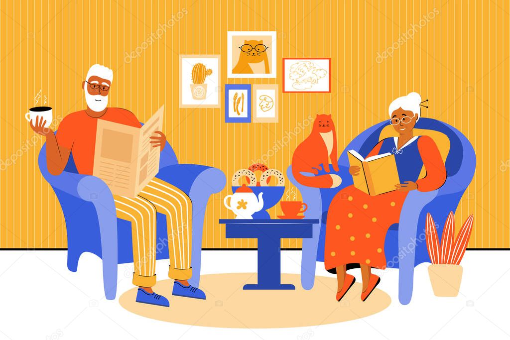 An elderly couple stays at home during the quarantine. Old people spend time together. Grandparents sit in chairs and read books and Newspapers. Drink tea with homemade cakes. Vector flat illustration