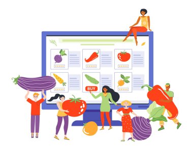 Marketin internet sitesinden taze sebze siparişi. Erkek ve kadın karakterler ağ üzerinden alışveriş yapıyorlar. Online bir süpermarkette ürün satmak. Diyet ve sağlıklı beslenme. Vektör illüstrasyonları