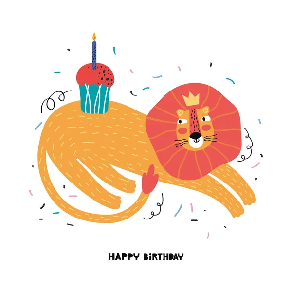 Leão Engraçado Com Bolo Aniversário Mão Desenhado Bonito Desenho Animado —  Vetores de Stock