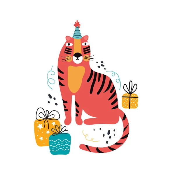 Cumpleaños Tigre Con Regalos Gato Exótico Vacaciones Dibujado Mano Lindo — Vector de stock