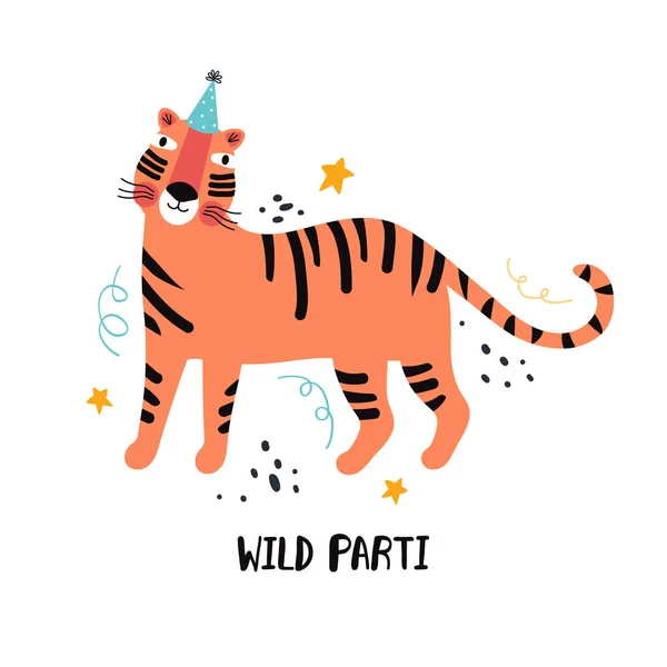 Tigris Parti Egzotikus Ragadozó Macska Nyaralni Kézzel Rajzolt Aranyos Rajzfilm — Stock Vector