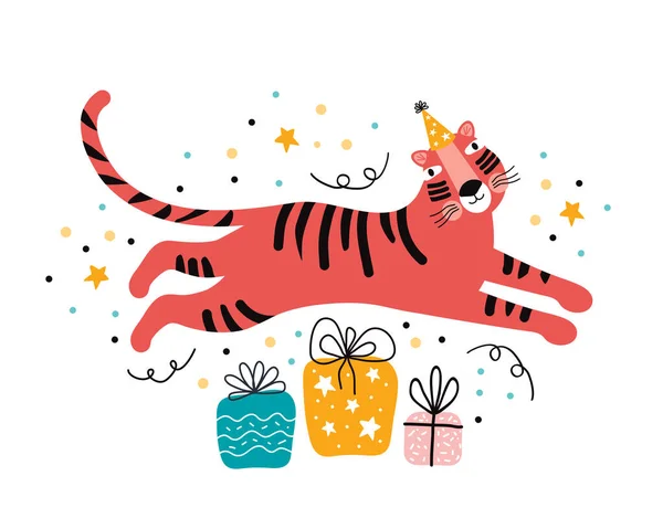 Cumpleaños Tigre Con Regalos Gato Exótico Vacaciones Dibujado Mano Lindo — Vector de stock