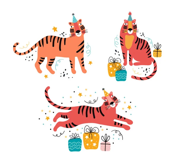 Ilustración Vectores Planos Tigre Con Tipografía Saludo Cumpleaños Vacaciones Año — Archivo Imágenes Vectoriales