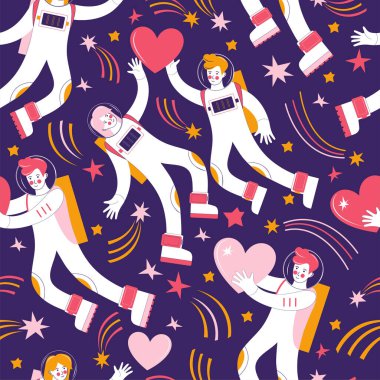 Uzayda uçan astronotların kusursuz desenleri. Yıldızlar arasında birbirine aşık bir çift. Erkek kalbini bir kadına verir. Yıldızlı gökyüzünün arka planı. Kozmik aşk kavramı. El çizimi vektör biçimi