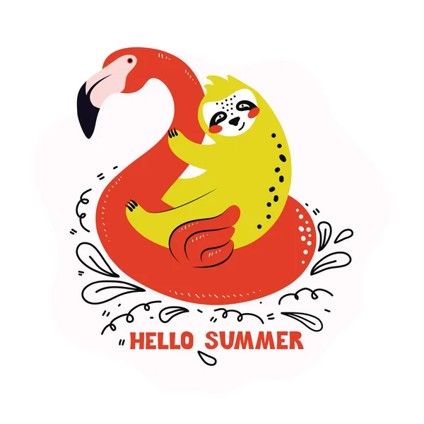 Lustiges Faultier Sitzt Auf Einem Aufblasbaren Flamingo Kreis Nette Zeichentrickfigur — Stockvektor