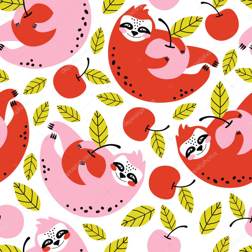 Funny sloth holding red cherry hand drawn seamless pattern. Summer background with a cute wild animal and berries. Bear characters cartoon texture. Web, wrapping paper, textile, background fill, print