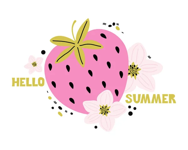 Dibujado a mano de dibujos animados fresa rosa con letras Hola verano. Verano de bayas dulces frescas y flores rosadas. Ilustración vectorial en estilo escandinavo. Texto manuscrito. Cartel moderno, pegatina, banner — Vector de stock