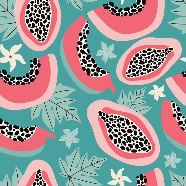 Turkuaz bir arka planda elle çizilmiş pembe papaya pürüzsüz deseni. Et, tohum, yaprak ve çiçeklerle kesilmiş egzotik yaz meyveleri. Tekstil, kumaş ve ambalaj için modern tasarım. Vektör düzlüğü