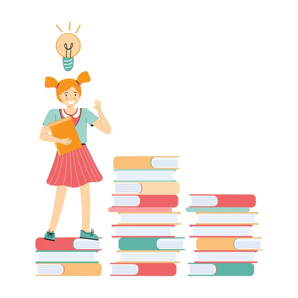 Okul Eğitimi Kavramı Akıllı Liseli Kız Kitapların Arasında Duruyor Öğrenci — Stok Vektör