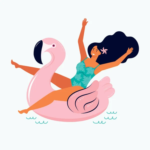 Mujer Sexy Traje Baño Flota Flamenco Rosa Inflable Flotar Mar — Archivo Imágenes Vectoriales
