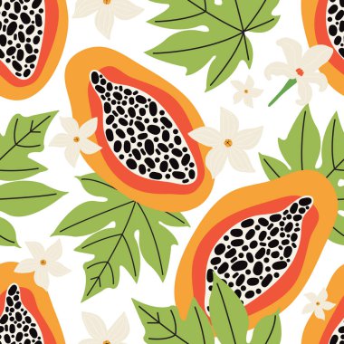 Egzotik yaz, pürüzsüz bir düzen. Beyaz arka planda turuncu papaya. Dilimler, çiçekler, yapraklar, hamurlar, tohumlar şeklinde kesilmiş tropik tatlı meyve. El çizimi vektör arka plan renkli orman meyveleri.