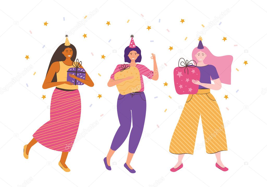 Female friendship. Girlfriends with gifts and holiday hats at a women's party. People on a celebration, birthday, new year, anniversary. Women of different nationalities. Vector flat illustrations.