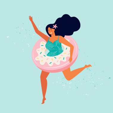 Mayo giymiş mutlu kadın tatlı donut şişirilebilir yüzme havuzuyla koşuyor. Yaz kumsal partisi. Kadın karakter deniz kenarında dinleniyor. Pin kızı. Yaz zamanı. El çizimi düz vektör çizimi