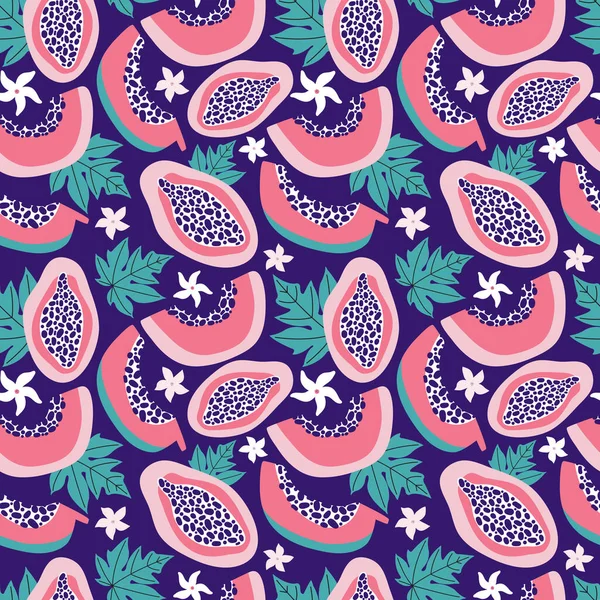 Exotic summer seamless pattern of pink papaya on a dark blue background. Tropical sweet fruit cut into slices, flowers, leaves, pulp, seeds. Hand drawn vector background colorful doodle tropic fruits. — Stock Vector