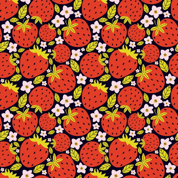 Hand drawn seamless pattern with berries and strawberry flowers with leaves on a black background. Summer background fresh sweet berries. Vector illustration for ads, menu and web banner designs. — Stock Vector