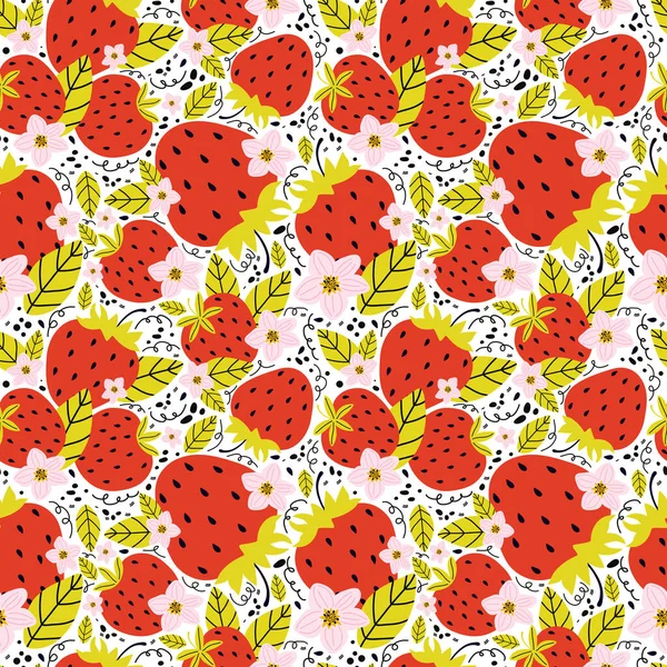 Hand Drawn Seamless Pattern Berries Strawberry Flowers Leaves White Background — Stock Vector