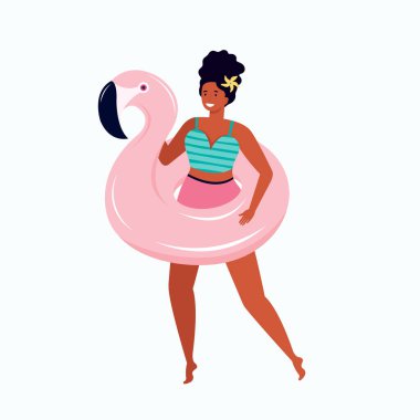 Şişirilebilir pembe Flamingo şamandıralı mayolu mutlu kadın. El çizimi kadın karakteri yazın aktif olarak vakit geçirir. Kızı havuzda ya da denizde yüzmek için oyuncak ile iğnele.
