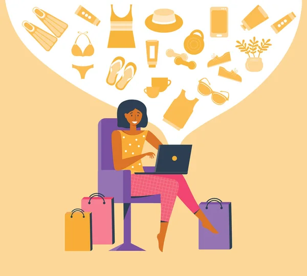 Bilgisayardan Alışveriş Yapan Bir Kadın Müşteri Çevrimiçi Sipariş Edilecek Malları — Stok Vektör