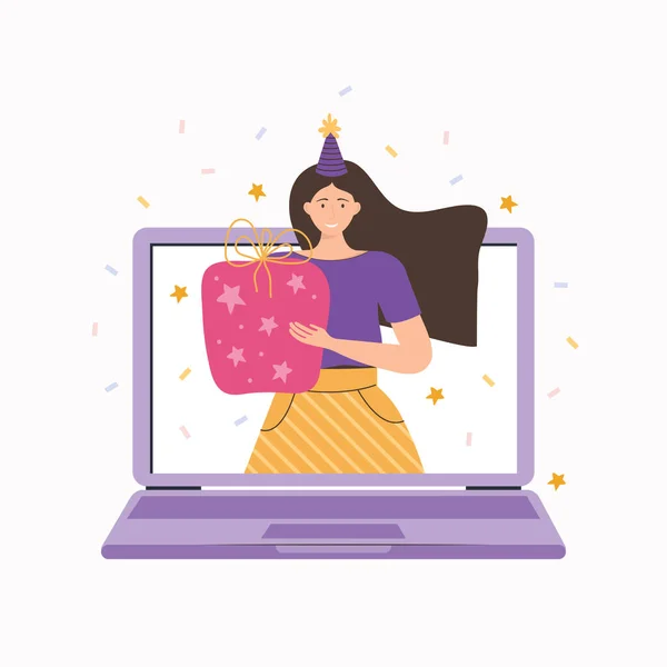 Fiesta Línea Cumpleaños Vacaciones Chica Desea Feliz Cumpleaños Utilizando Una — Vector de stock