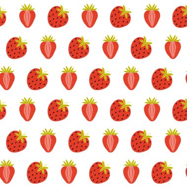 Beyaz arka planda kusursuz sulu kırmızı çilek deseni. Tam ve yarım tatlı dut. Yazın renkli bir geçmişi olur. İskandinav tarzında elle çizilmiş vektör. Çocuk tekstili için doku tasarımı