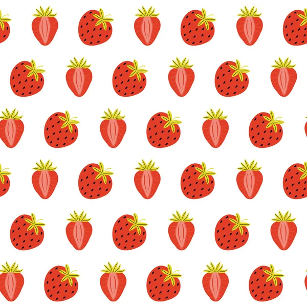 Seamless Pattern Juicy Red Strawberries White Background Whole Half Sweet — Stock Vector